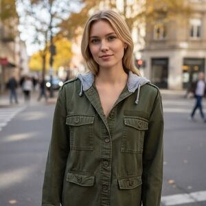 Divided H&M Womens Military Style Cargo Jacket Size 6 Army Green‎ Hooded Shacket